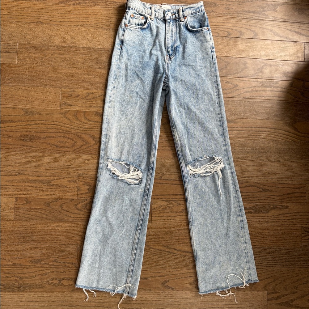 Zara Blue Flare Wide Leg Jeans with Distressed Details